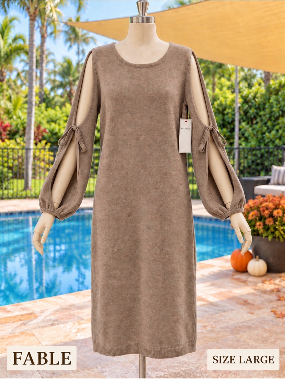 wild fable Taupe Long-Sleeve Midi Dress with Open-Slit Balloon Sleeves